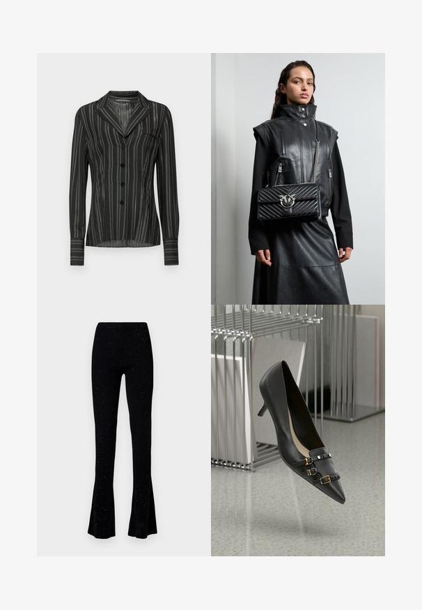 Schwarz gestreifte Bluse mit Kragen, langen Ärmeln, fünf Knöpfen und einer Brusttasche; aus einem leichten, strukturierten Stoff gefertigt.; Schwarze, gerippte, ausgestellte Hose aus Strick, die eine strukturierte Oberfläche mit kleinen schimmernden Punkten aufweist und für eine figurbetonte Silhouette konzipiert ist.; Schwarzer Leder-High-Heel-Schuh mit spitzer Zehe, ausgestattet mit zwei Riemendetails mit goldenen Schnallen und schwarzen Nieten. Glatte Textur und elegantes Design.; Schwarze Lederweste mit hohem Kragen, mit Reißverschlusstaschen und einer schwarzen, gesteppten Handtasche mit silbernen Hardware-Details, getragen zu einem langen schwarzen Rock.