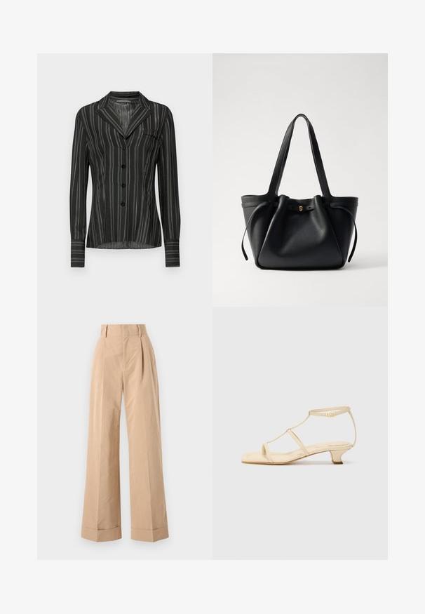 Black striped blouse with a collar, long sleeves, five buttons, and a chest pocket; made from a light, textured fabric.; Beige wide-leg trousers with a high waist, featuring pleats and a smooth texture. The cuffs are folded, adding structured detail.; Beige heeled sandals with a T-strap design, square toe, adjustable ankle strap, and a low, block heel. Smooth leather material.; Black leather tote bag with two long straps, a cinched top, and a gold circular accent. Smooth texture with a minimalist design.
