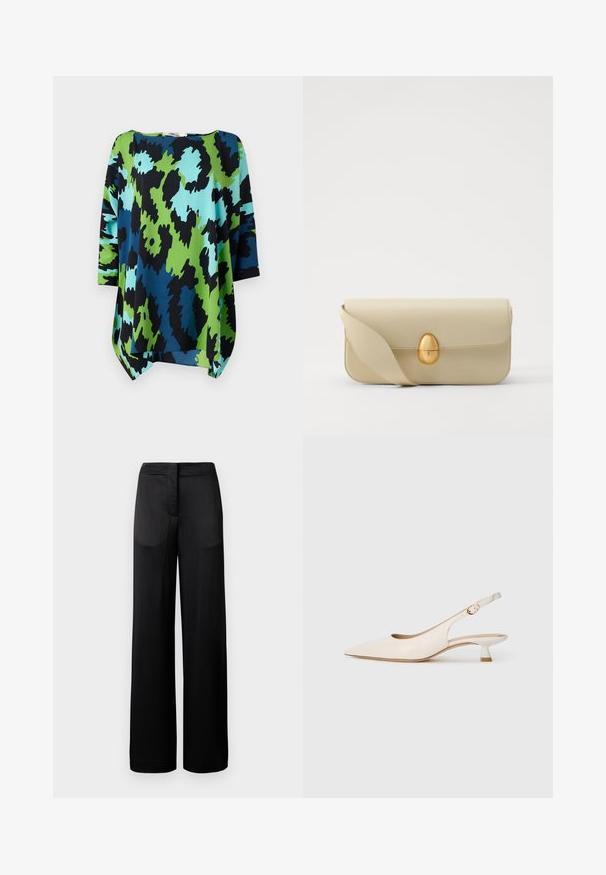 Loose-fitting blouse featuring a bold abstract print in blue, green, and black. Made of smooth fabric with a rounded neckline and three-quarter sleeves.; Wide-leg black trousers with a textured surface, featuring a flat waistband and two side pockets. The fabric appears lightweight and flowing.; Cream-colored pointed-toe slingback shoe with low kitten heel and gold buckle on plain white background.; Beige leather handbag with a smooth texture, rectangular shape, and a golden oval clasp. Features a long, adjustable strap.