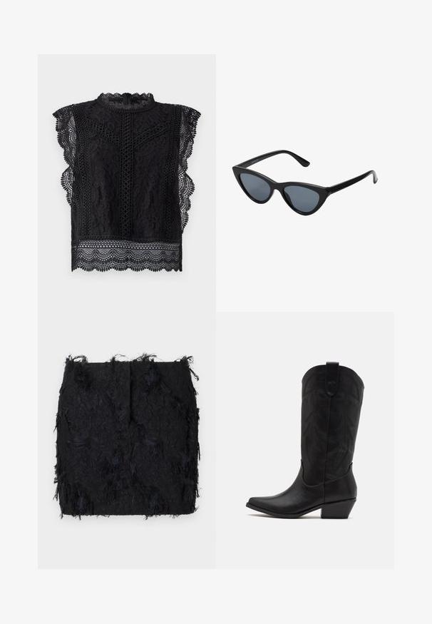 Sort blonderet top med kap-sleevs, bølgede kanter, indviklede blomster mønstre og en høj halsudskæring med lynlås i ryggen.; Sort textured nederdel med et lagdelt frynse-design og en let uregelmæssig kant, lavet af et letvægtsstof.; Sort læder cowboystøvle med spids tå, lav stablet hæl og indviklet præget bladmønster på skaftet. Strop øverst for nem påtagning.; Sorte katteøje solbriller med mørkegrå linser, slankt plastisk stel, spidse hjørner og lige stænger. Ingen synlig hardware eller dekorationer.; Bordeaux læder håndtaske med en buet form, guld accenter på metaldele og en lynlås lukning. Har en aftagelig skulderrem.