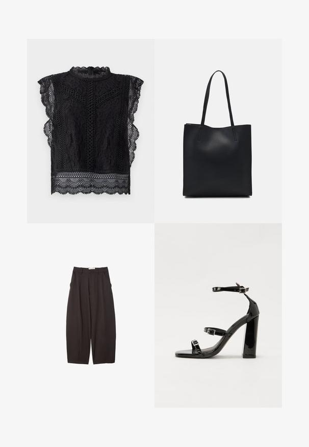 Sort blonderet top med kap-sleevs, bølgede kanter, indviklede blomster mønstre og en høj halsudskæring med lynlås i ryggen.; Sorte brede bukser lavet af et glat stof, med høj talje, forfaldne folder og sidelommer. Simpelt design uden udsmykninger.; Sorte patenterede hælsandaler med firkantet tå, ankelremme og sølvspænder. Har en chunky blokHæl for stabilitet.; Sort læder tote taske med glat tekstur, rektangulær form og to lange hanke. Ingen synlig hardware eller udsmykninger.