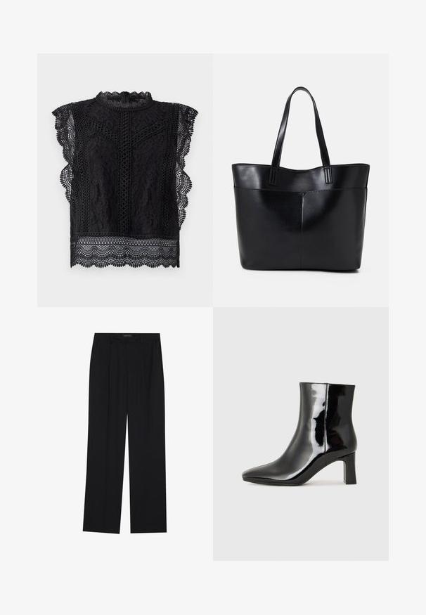 Musta pitsitoppi, jossa on hihattomat hihat, uurteiset reunat, monimutkaiset kukkakuviot ja korkea kaulus, jossa on takana vetoketjukiinnitys.; Mustat housut suoralla lahkeella, joissa on kaksi etutaskua ja vyötärö. Valmistettu sileästä, kevyestä kankaasta.; Musta patenttilakattu nilkkuri, jossa on terävä kärki ja keskipitkä lohkarekorko. Silkkinen pinta ja minimalistinen muotoilu.; Musta nahkainen kassi, jossa on kaksi pitkää kahvaa, sileä pinta ja jämäkkä muoto. Sisältää etutaskun lisävarastointia varten.