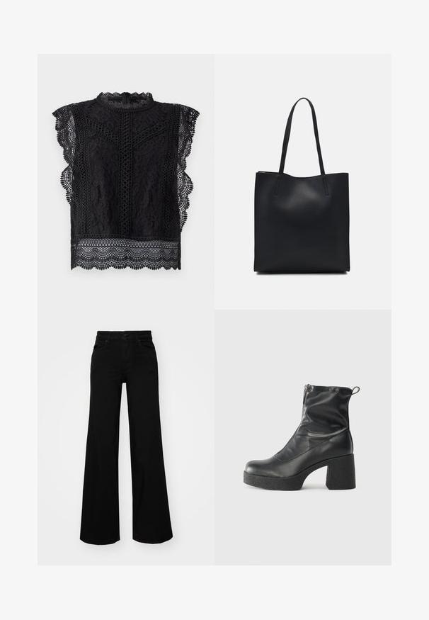 Czarna koronkowa bluzka z rękawami na kapeluszu, falbankami, misternym wzorem kwiatowym oraz wysokim dekoltem z zapięciem na suwak z tyłu.; Czarne szerokie spodnie dżinsowe z usztywnionym pasem, szlufkami na pasek i kieszeniami z przodu. Gładka faktura o klasycznym fasonie.; Czarne botki za kostkę wykonane z gładkiej skóry, wyposażone w boczny zamek błyskawiczny, masywny teksturowany obcas oraz zaokrąglony czubek.; Czarna skórzana torba tote o gładkiej fakturze, prostokątnym kształcie i dwóch długich uchwytach. Brak widocznych elementów metalowych i ozdób.