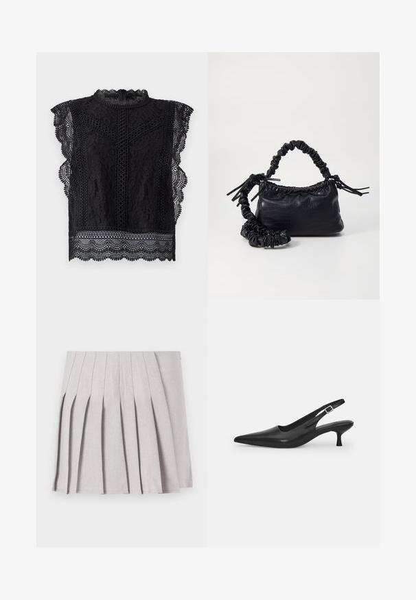 Svart blonde topp med kappeermidler, scalloped kanter, intrikate blomster mønstre, og høy hals med glidelås bak.; Grå plissert skjørt med en glatt tekstur, med flere vertikale folder og en figursydd midje. Laget av lett stoff.; Svart lær slingback sko med spiss tå og smal, buet hæl. Har en diskret justerbar rem med en metallspenne.; Svart faux skinn-håndveske med krokodilletekstur, strammet topp og en rynket stropp. Ser myk og kompakt ut i designen.