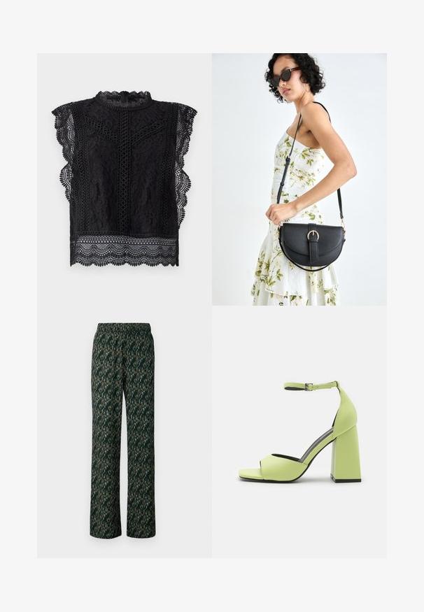 Black lace top featuring cap sleeves, scalloped edges, intricate floral patterns, and a high neckline with a back zip closure.; Wide-leg pants in dark green fabric with an intricate, multicolored pattern. Features an elastic waistband for comfort.; Even&Odd High heeled sandals - light green; Black leather handbag with a curved shape, detachable strap, and gold hardware. The bag features a flap with a buckle detail.