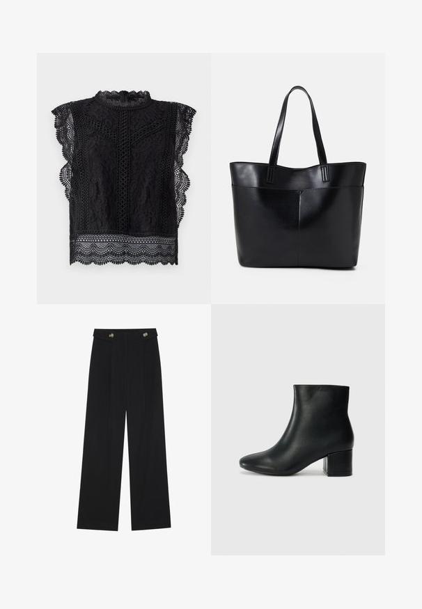 Čierny krajkový top s krátkymi rukávmi, vlnkovanými hranami, zložitými kvetinovými vzormi a vysokým golierom so zipsom na chrbte.; Čierne široké nohavice s vysokým pásom, so zapínaním na gombíky na páse a prednými sklady.; Čierne kožené členkové čižmy s špicatou špičkou a hrubým podpätkom. Hladká textúra s minimálnymi akcentmi a elegantným, priliehavým dizajnom.; Čierna kožená tote taška s dvoma dlhými rúčkami, hladkým povrchom a štruktúrovaným tvarom. Obsahuje prednú kapsu pre dodatočné uskladnenie.