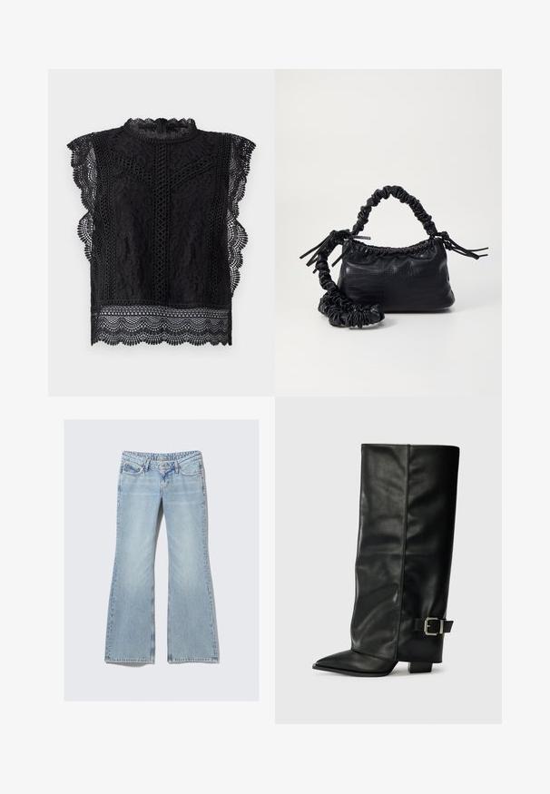 Sort blonderet top med kap-sleevs, bølgede kanter, indviklede blomster mønstre og en høj halsudskæring med lynlås i ryggen.; Weekday NOVA - Jeans Slim Fit - lip blue; Sorte læder ankelstøvler i ankellængde med spids tå, glat tekstur og en sølvspændeaccents på siden. Kraftig firkantet hæl.; Sort kunstlæder håndtaske med krokodilteksur, indsnøret top og en sammenkrøben rem. Ser blød og kompakt ud i designet.