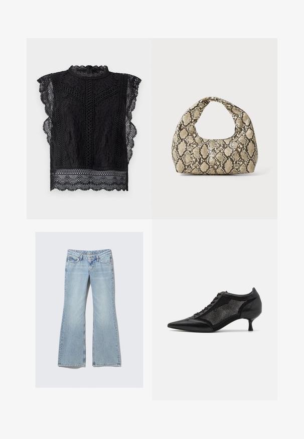 Čierny krajkový top s krátkymi rukávmi, vlnkovanými hranami, zložitými kvetinovými vzormi a vysokým golierom so zipsom na chrbte.; Weekday NOVA - Slimfit džínsy - lip blue; Čierna topánka s ostrou špičkou a sieťovaným panelom, s nízkym opätkom a šnurovaním vpredu. Vyrobená z kombinácie kože a sieťoviny.; Kabelka s hadím vzorom a zakriveným rukoväťou. Vyrobená z textúrovaných béžových a hnedých materiálov, s charakteristickým diamantovým vzorom.