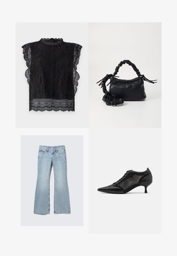 Top in pizzo nero con maniche a cappretto, bordo scallopato, motivi floreali intricati e collo alto con chiusura a zip sul retro.; Weekday NOVA - Jeans slim fit - lip blue; Scarpa nera a punta con un design a pannello di rete, dotata di un tacco basso e lacci frontali. Realizzata in una combinazione di pelle e materiale a rete.; Borsa a tracolla in ecopelle nera con texture a coccodrillo, apertura cinchata e tracolla arricciata. Si presenta con un design morbido e compatto.