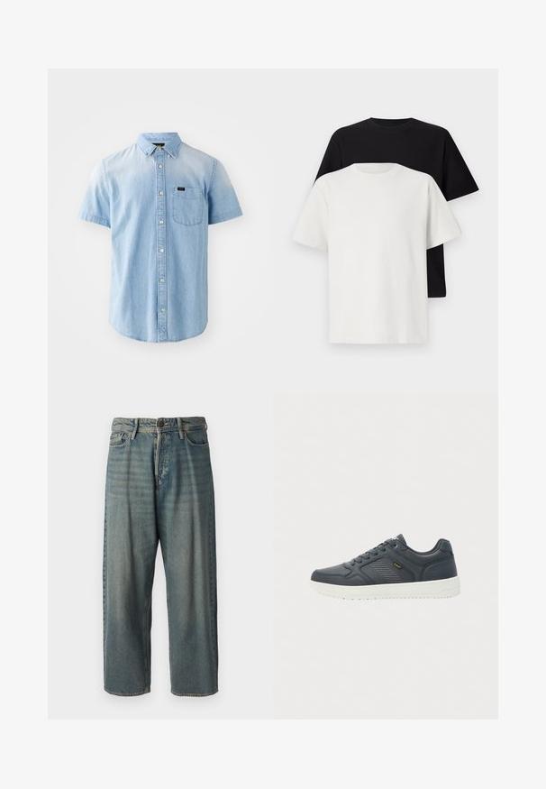 Kortærmet lys blå denimskjorte, knaplukning foran, enkelt brystlomme og krave, med en blød, glat tekstur.; Sæt af bomulds T-shirts bestående af en sort top og en hvid top, begge med korte ærmer, rund halsudskæring og standard pasform. Tekstureret stof.; Lyseblå denim jeans med løs pasform, mellemhøj talje og lige ben. Har fem lommer, bæltestropper og en knappelukning.; Mørkegrå lavtophætte sneakers med hvid sål, snørebåndsdesign, tekstureret sidepanel og gult "Lee" brand på siden.