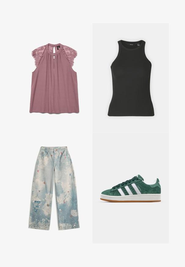 Blusa viola con dettagli in pizzo sulle spalle, scollatura rotonda e apertura a goccia sul retro. Realizzata in tessuto morbido e liscio con una vestibilità comoda.; Top nero a costine con scollo alto e design senza maniche. Presenta una silhouette aderente e una texture morbida.; Jeans azzurri chiari con una vestibilità rilassata, caratterizzati da un design strappato e motivi astratti, arricchiti da accenti simili a gemme colorate.; Sneaker in suede verde con strisce in pelle bianca, suola in gomma, collarino imbottito e design minimalista. Presenta il marchio sul lato.