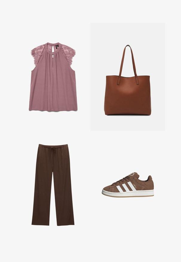 Ljubičasta bluzica s čipkastim detaljima na ramenima, okruglim izrezom i otvorom u obliku ključa na leđima. Izrađena od mekog, glatkog materijala s opuštenim krojem.; Smeđe široke hlače izrađene od mekanog materijala, s elastikom u struku i vezicom te dva bočna džepa.; Smeđe nubuk tenisice s bijelim kožnim prugama, gumeni potplat, okrugli nos i vezanje sprijeda. Imaju logo na jeziku i perforirane detalje.; Smeđa kožna torba preko ramena s glatkom teksturom, otvorenim vrhom i dvjema naramenicama. Ima minimalne šavove i nema vidljivog hardvera.