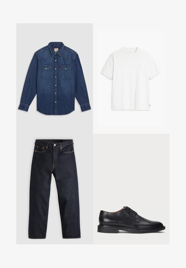 Tummansininen farkkupaita pitkillä hihoilla, terävällä kauluksella, valkoisilla nepparilla ja kahdella rintataskulla. Sisältää ommeltua olkatietoa.; Valkoinen puuvillainen t-paita, jossa on lyhyet hihat, pyöreä pääntie ja etupuolella vaalealla värillä painettu hillitty "Levi's"-logo.; Tummansinisiä farkkuja, joissa on suora leikkaus, viisi taskua, kontrastiväriset oranssit tikkaukset ja napitus. Ei näkyviä kuvioita tai koristeita.; Musta nahkakenkä, jossa on pyöreä varvas, nauhakiinnitys ja matala tukipohja. Tasainen pinta, jossa on minimaalinen ommeltu yksityiskohta.