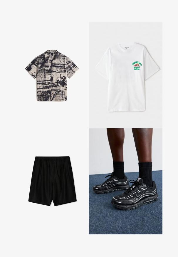 Vans Vapaa-ajan kauluspaita - medium brown; Valkoinen puuvillapaita, jossa on vihreä ja punainen graafinen teksti vasemmassa rinnassa, jossa lukee "cashart Who Pronto Subito". Lyhyet hihat.; Mustat shortsit, joissa on joustava vyötärö, kaksi sivutaskua ja väljä leikkaus. Valmistettu pehmeästä kankaasta, jossa on sileä texture.; Mustat Nike-kengät, joissa on verkkomateriaali ja korostetut raidat, teksturoitu nauhoitus ja musta kumipohja. Yhdistetty mustiin ribbikurottimiin.
