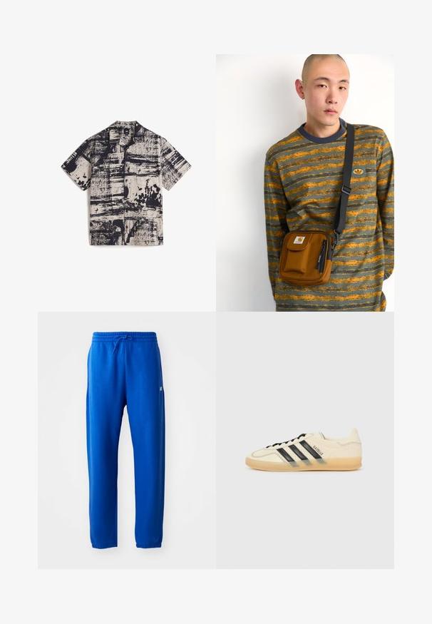 Vans Skjorter - medium brown; Blå sweatpants lavet af blødt stof, med en elastisk talje med snøre, tætsiddende ben og en lille logo detalje på siden.; Lys cremefarvet sneaker med sort tre-stribe-design, tekstureret overdel, rund tå og gummisål. Har snørebånd og branding på siden.; Brun stof crossover taske med lynlås og frontlomme; båret over en grå og orange stribet langærmet skjorte med logo-patch.