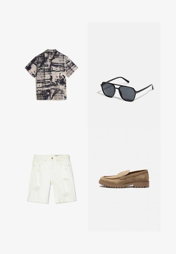 Vans Overhemd - medium brown; Witte denim shorts met een middenhoogte taille, verwerkte details, vijf zakken en koperen hardware. Gladde textuur met een casual pasvorm.; Tan suède loafers met een ronde neus, platte rubberen zool en decoratieve stiksels op de bovenkant. Beschikt over een instapontwerp zonder veters.; Zwarte zonnebril met een octagonaal frame, donkere lenzen, glanzende afwerking, dunne tempels en gouden accenten aan de voorkant.
