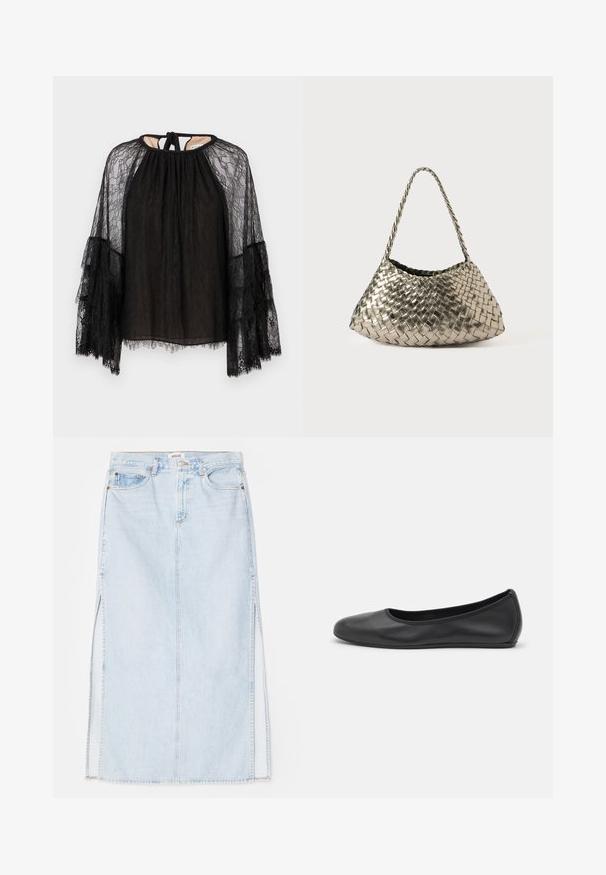 Black lace top featuring a loose fit, high neckline, and long flared sleeves. Textured lace pattern with a tie closure at the back.; Light blue denim maxi skirt with a straight cut, featuring side slits and five-pocket design. Prominent stitching and metal button closure.; Black leather ballet flat with a rounded toe, smooth texture, minimal stitching detail, and a flexible sole design.; Metallic woven handbag with a triangular shape, featuring a braided strap and a velvet-lined interior. Color: silver. Texture: smooth and fabric-like.