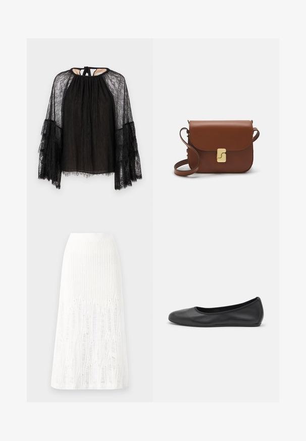 Crna čipkasta bluza s opuštenim krojem, visokim izrezom i dugim, širokim rukavima. Teksturna čipkasta šara s vezanjem na leđima.; Pleteni bijeli midi suknja s teksturiranim uzorkom sa vertikalnim linijama i izrezanim detaljima blizu rubova. Elastična visoka struk. Mekani materijal.; Crne kožne baletanke s zaobljenim vrhom, glatke teksture, minimalnim detaljima šavova i fleksibilnim dizajnom potplata.; Smeđa kožna torba s preklopom, zlatnim detaljima, remenom za nošenje preko ramena i glatkom teksturom. Kompaktni pravokutni oblik.