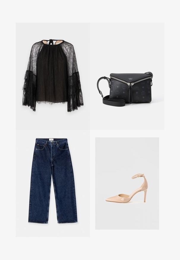 Črna čipkasta majica z ohlapnim krojem, visokim ovratnikom in dolgimi razširjenimi rokavi. Teksturna čipkasta zasnova z zavezovanjem na hrbtni strani.; Temno modri široki jeans hlače z visokim pasom, sprednjima žepoma in gladko teksturo z diskretnimi šivi.; Nude lakirani čevlji s koničastim prstom, z naramnicami in stiletto peto, ki se ponašajo z gladko teksturo in minimalističnim dizajnom.; Črna usnjena torbica preko telesa s srebrnim zadrgo v obliki črke V, z embosiranim logotipom in nastavljivim trakom na belem ozadju.