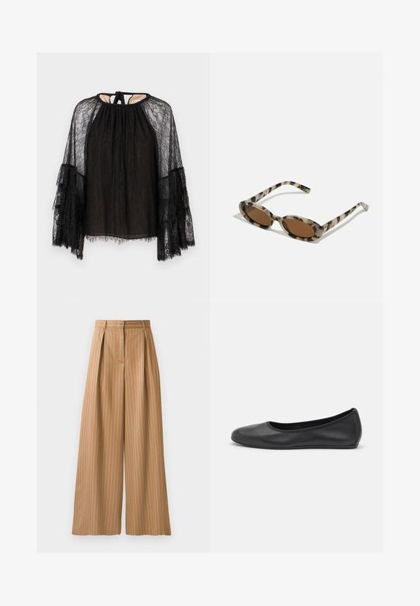 Must mustriga ülaosa, mis on laia lõikega, kõrge kaelusega ja pikkade flared varrukatega. Tekstuuriga pitsimuster ja sidumisrihm taga.; Laiad püksid heledas kangas, millel on vertikaalsed valged triibud. Omab kokku tõmmatud vöökohta ja siledat tekstuuri.; Musthave mustika tantsutossud mustast nahast, ümmarguse varbaga, siledast tekstuurist, minimaalse õmblusdetailiga ja paindliku tallakujundusega.; Suurte ovaalsete läätsedega kilpkonnakilbi stiilis päikeseprillid, pruun toon ja õhukesed mustrilised servad. Kerge plastmaterjal koos peente kuldsete aktsentidega.; Naine valges särgis ja triibulistes pükstes hoiab pruuni nahast õlakoti, millel on mustad logod, ning seisab külg ees.