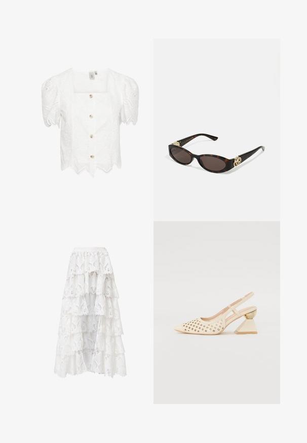 Blusa bianca a maniche corte con scollatura quadrata. Tessuto con occhietti e orlo a scallop, con cinque bottoni lungo il davanti. Delicato motivo floreale.; Gonna di pizzo bianca con un design a strati e bordi scallop. Il materiale presenta un motivo floreale e una texture che creano un aspetto stratificato.; Scarpa slingback beige con tomaia perforata, punta affilata e un tacco triangolare a contrasto con un accento dorato. Texture liscia nel complesso.; Occhiali da sole tartarugati con lenti ovali allungate, tonalità marrone, accenti dorati con logo sulle tempie e aste nere eleganti.; Borsa a tracolla beige con un motivo stampato, forma curvata, dettagli in pelle e un logo dorato sul davanti. Presenta una maniglia corta per un facile trasporto.