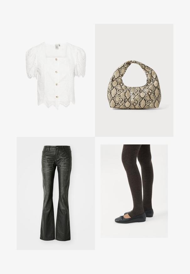 Biela blúzka s krátkym rukávom a štvorcovým výstrihom. Materiál s dierkovanou textúrou, s volánovým lemom a piatimi gombíkmi vpredu. Jemný kvetinový vzor.; Čierne faux kožené zvonové džínsy s prednými vreckami, kovovým zapínaním a mierne textúrovaným povrchom. Priamy strih s dlhým strihom.; Čierne ploché topánky s malou mašľou na špičke, v kombinácii s tmavohnedými rebrovanými pančuchami. Topánky majú hladký povrch a nízky profil.; Kabelka s hadím vzorom a zakriveným rukoväťou. Vyrobená z textúrovaných béžových a hnedých materiálov, s charakteristickým diamantovým vzorom.