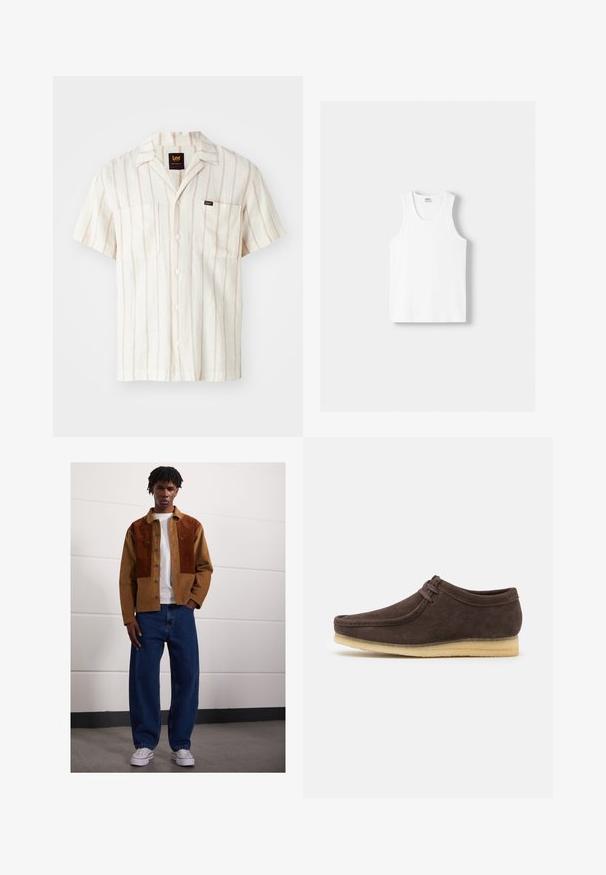 Kurzarmhemd in Creme mit zarten rosa Streifen. Verfügt über einen Kragen, zwei Fronttaschen und ein Logoetikett auf der linken Tasche.; Weißes Baumwoll-Trägershirt mit Rundhalsausschnitt, breiten Trägern und geradem Saum, das eine glatte Textur aufweist und keine sichtbaren Muster hat.; Mann steht drinnen und trägt eine braune Cordjacke mit Rostflecken, ein weißes T-Shirt, lockere blaue Jeans und weiße Sneakers.; Braune Wildlederschuhe mit glatter Oberfläche, runder Zehenform und minimalistischem Design. Verfügt über eine hellfarbene Gummisohle und kontrastierende Schnürdetails.
