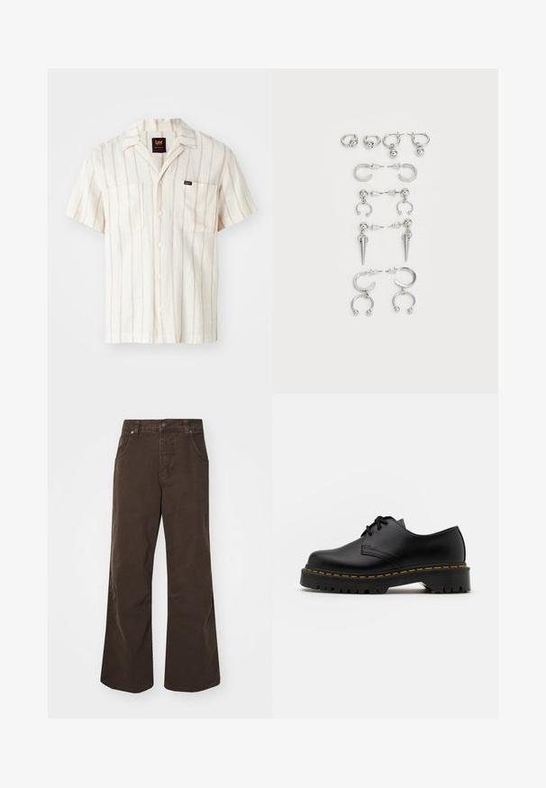 Lühikeste varrukatega kreemivärvi särk, millel on peened roosad triibud. Omab kraed, kahte esist taskut ja logo sildi vasakul taskul.; Kolm valget ribaga t-särki, mis on valmistatud puuvillast. Omavad ümmargust kaelanõhku ja väikseid musti silte hemme lähedal. Saadaval erinevates suurustes.; Pruuni laiad püksid, mis on valmistatud puuvillast, kõrge veejoone, ees olevate taskute ja sileda tekstuuriga. Viimistlus sisaldab peeneid õmblusdetailide.; Must musta lesti kingad ümarate varvastega, tekstureeritud kummitald ja kollane õmblus aluse ääres. Lame disain ja sile viimistlus.; Hõbedaste kõrvarõngaste komplekt, mis sisaldab erinevaid stiile: rõngad, kõrvaaugud ja rippuvad mudelid, millel on kuulitaolised aktsendid ja teravad elemendid.