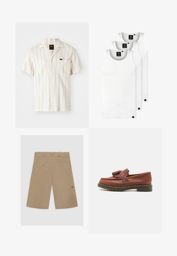 Kortermet skjorte i kremfarge med subtile rosa striper. Har krage, to frontlommer og et logomerke på venstre lomme.; Tre hvite ribbestrikkede tank topper laget av bomull. Har en rund hals og små svarte etiketter nær kanten. Tilgjengelig i flere størrelser.; Lys brune shorts med flat front, to baklommer og en sidecargo-lomme. Laget av glatt bomullsstoff.; Brune lærmokassin med frynser, teksturert overflate og kontrastfylt gul søm langs den svarte gummisålen. Sideutsikt.
