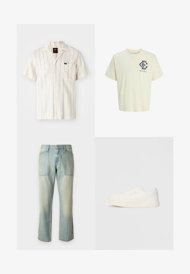 Lühikeste varrukatega kreemivärvi särk, millel on peened roosad triibud. Omab kraed, kahte esist taskut ja logo sildi vasakul taskul.; Kreemjas puuvillane T-särk lühikeste varrukatega. Vasakul rinnal on tumedat sinist graafiline logo ja tekst "Klass ja Digniteet".; Hele sinine denimist teksad sirge säärega, nähtavate õmblustega ja kahe suuri esikotti. Kude on pleekinud tekstuuriga.; Valged libisemiskindlad tossud tekstuuriga pinnaga, paksu tallaga ja minimalistikus disainis. Küljel on brändi logo.