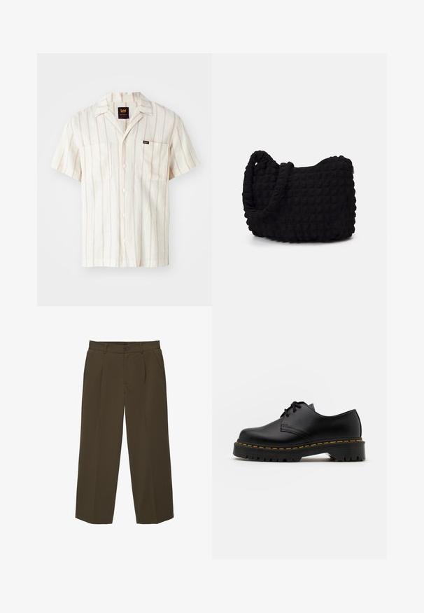 Lagana košulja kratkih rukava u krem boji s suptilnim ružičastim prugama. Ima ovratnik, dva prednja džepa i oznaku s logom na lijevom džepu.; Smeđe, široke hlače od mekog materijala s ravnim prednjim dijelom, bočnim džepovima i dugmetom za zatvaranje u struku. Jednostavan dizajn bez uzoraka.; Crne kožne cipele sa vezanjem, okruglog vrha, sa teksturiranom gumom potplatom i žutim šavom oko baze. Ravni dizajn i glatka završna obrada.; Crna platnena torba s teksturiranim, kviltanim uzorkom. Okrugli oblik, kratke, debele ručke i meka, fleksibilna struktura.