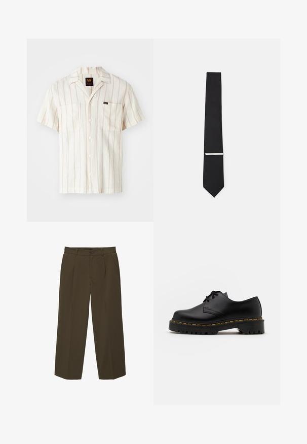 Lyhythihainen kerma-ämpäripaita, jossa on hienovaraiset vaaleanpunaiset raidat. Varustettu kauluksella, kahdella etutaskulla ja logotarralla vasemmassa taskussa.; Ruske, löst sittande byxor i mjukt tyg med flat front, sidofickor och en knappstängning i midjan. Enkelt utförande utan mönster.; Musta nahkainen nauhakenkä, jossa on pyöreä kärki, kuvioitu kumipohja ja keltaiset tikit ympäri pohjaa. Litteä muotoilu ja sileä pinta.; Musta solmio, joka on valmistettu sileästä kankaasta, kapealla leikkauksella ja hopeisella solmionsiteellä, joka korostaa sen muotoilua.