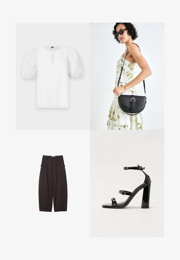 Bela srajca z okroglo sečnjo in detajlom v obliki ključavnice. Ima napihnjene rokave in teksturirano tkanino z rahlim leskom.; Črne široke hlače iz gladkega materiala, z visokim pasom, zgornjimi pregibi in stranskimi žepi. Preprost dizajn brez okrasnih elementov.; Črne lakirane sandale s peto, kvadratnim prstom, trakovi okrog gležnja in srebrnimi zaponkami. Opremljene so s stabilno Debelo peto.; Črna usnjena torbica s ukrivljeno obliko, z odstranljivo naramnico in zlatimi dodatki. Torbica ima pokrov s podrobnostmi v obliki zaponke.