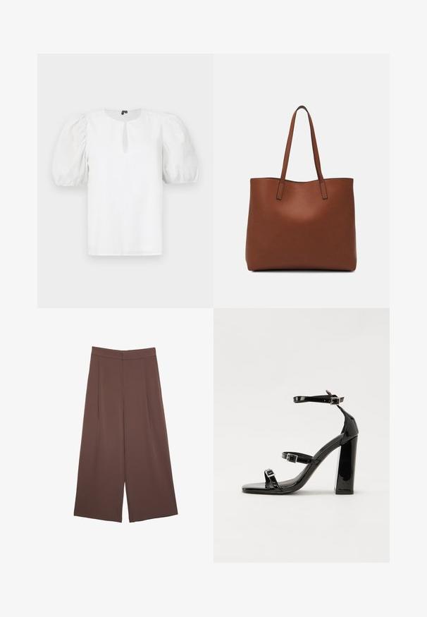 Weißes Oberteil mit Rundhalsausschnitt und einem kleinen Schlitz. Hat Puffärmel und einen strukturierten Stoff mit einem leichten Glanz.; Braune Weite-Leg-Hosen mit einer glatten Textur, hoher Taille und Vorderfalten. Der Stoff ist leicht und fällt locker.; Schwarze patentierte Sandalen mit Absatz, quadratischer Spitze, Knöchelriemen und silbernen Schnallen. Mit einem stabilen Blockabsatz für mehr Stabilität.; Braune Leder-Tote mit glatter Textur, offenem Oberteil und zwei Schulterriemen. Verfügt über minimale Nähte und keine sichtbaren Beschläge.