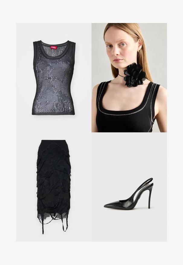 Juodas tinklinis marškinėlis su apvalia kaklo linija ir mažų skylių raštu. Viduje pridėta etiketė su užrašu "032c." Medžiaga atrodo lengva ir tekstūrinė.; Juoda sijonas su sluoksniuotu nėriniu, pritaikytu juosmens dizainu ir reguliuojamomis petnešomis. Dizainas apima bangos formos raštą visame sijone.; Juoda slingback bateliai su smailiu toe, tekstūruota gyvatės rašto, stiletto kulnu ir dekoratyviu užsegimu ant dirželio.; Juoda gėlė choker apykaklė, pagaminta iš sluoksniuotų žiedlapių, dėvima su juoda grublėta liemenėle, kurioje sidabro akcentai yra aplink kaklą ir pečius.