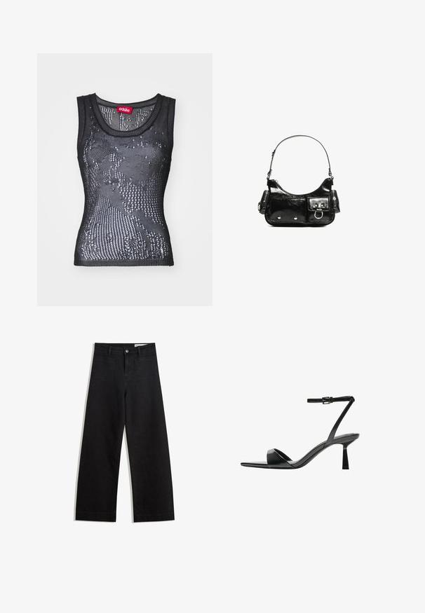 Crni mrežasti majic s okruglim izrezom i uzorkom malih rupa. Unutarnja etiketa glasi "032c." Materijal se čini laganim i teksturiranim.; Crne široke traperice s visokim strukom, s prednjim i stražnjim džepovima, šivenim šavovima i kopčanjem na gumb. Glatka tekstura.; Bershka Sandale s visokom petom - black; Crna patentna kožna torba s zakrivljenim oblikom, jednim remenom za rame, prednjim džepovima i akcentima od srebrnog tona.