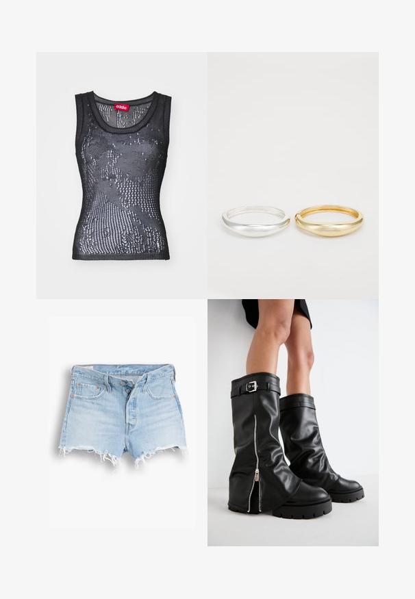 Schwarzes Netz-Tanktop mit rundem Halsausschnitt und einem Muster aus kleinen Löchern. Das Etikett innen trägt die Aufschrift "032c". Das Material wirkt leicht und strukturiert.; Hellblaue Jeansshorts mit hoher Taille, ausgefranstem Saum, Fünf-Taschen-Design und kontrastierender Naht. Zwei Knöpfe am vorderen Verschluss.; Schwarze Lederstiefel bis zum Knie mit weiter Schaftweite, seitlichem Reißverschluss und Schnallenakzent, strukturierter Oberfläche und robuster Gummisohle.; Zign 2 PACK - Armband - gold-coloured/silver-coloured