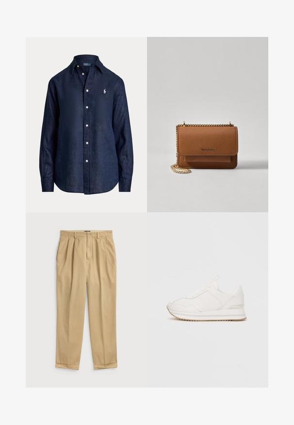 Sötétkék vászon ing hosszú ujjakkal, gombos elülső résszel, hegyes gallérral és apró hímzett logóval a bal mellen. Puha, texturált anyag.; Világos bézs pamut nadrág, laza fitettel, elülső redőkkel, oldalsó zsebekkel és felhajtott szegéllyel.; Fehér alacsony szárú sportcipő, fűzős elől, párnázott talppal és bézs gumitalppal, sima háttér előtt.; Barna textúrájú bőr keresztbody táska arany lánc pánttal és fedélzárral. Az elején logó részlet és egy zseb található a fedél alatt.