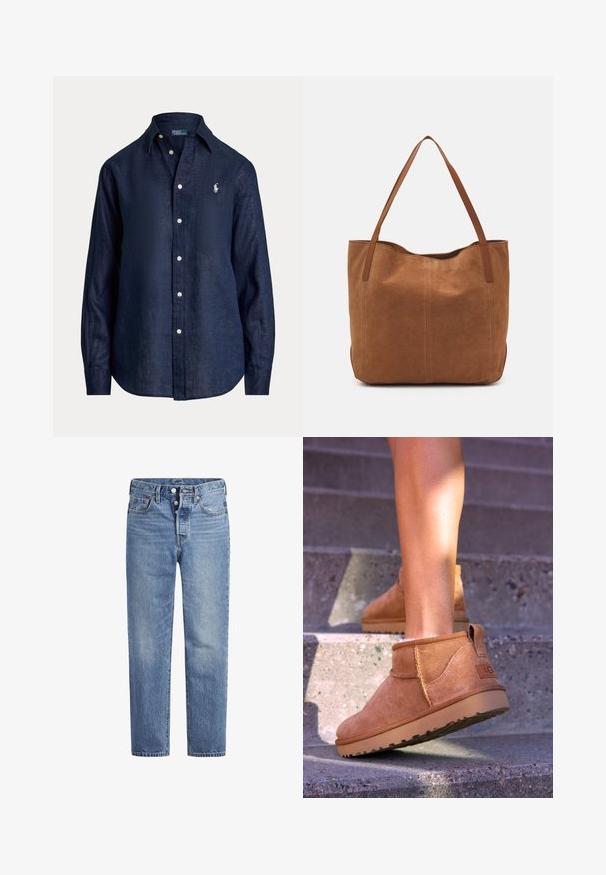 Cămașă din in de culoare albastru marin, cu mâneci lungi, închidere cu nasturi, guler ascuțit și un mic logo brodat pe pieptul stâng. Țesătură moale, texturată.; Jeans din denim de un albastru deschis, cu croi drept, design cu cinci buzunare și închidere cu buton. Prezintă decolorări subtile și cusături accentuate de culoare portocalie.; Botine bej din suede cu o textură moale, detalii cusute și o talpă din cauciuc, având un călcâi cu buclă pentru o utilizare ușoară.; Geantă tote din suede maro, cu două mânere lungi, caracterizată printr-o textură netedă, un design simplu și fără accesorii sau elemente metalice vizibile.