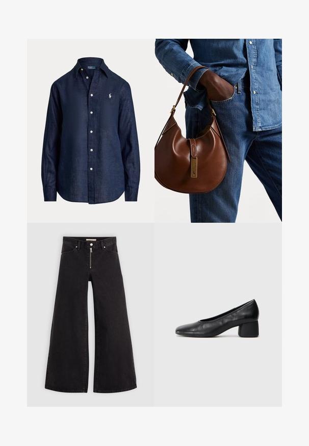Navy blue linen shirt with long sleeves, button front, pointed collar, and small embroidered logo on the left chest. Soft, textured fabric.; Wide-leg jeans in black denim with a zippered front, five-pocket design, and subtle stitching details. Smooth texture and casual style.; Black leather pump with a rounded toe and mid-block heel. Smooth texture with minimal detailing, featuring a subtle elastic opening.; Brown leather hobo bag with a rounded shape, featuring a gold hardware accent and contrast stitching. Paired with a denim shirt and jeans.