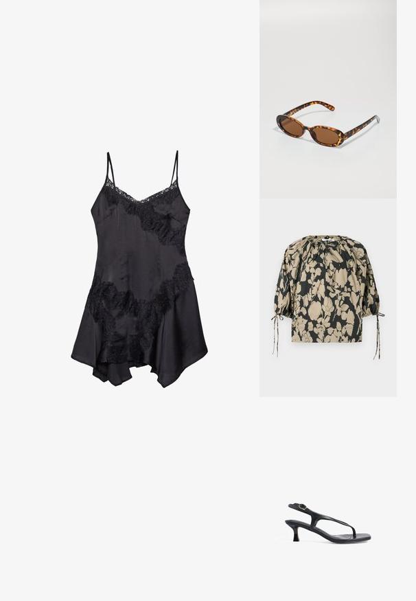 Bluse mit floralem Druck in Schwarz und Beige, mit gerafftem Ausschnitt, Puffärmeln und Kordelzügen für eine verstellbare Passform.; Schwarzes Satin-Nachthemd mit Spitzenrand, verstellbaren Spaghetti-Trägern und ausgestelltem Saum, weicher Textur und dekorativen Rüschendetails.; Schwarze Ledersandale mit schlankem Design, dünnen Riemen und einem kleinen Absatz. Verfügt über eine Schnallenakzent und eine glatt strukturierten Fußbett.; Schildpatt-Sonnenbrille mit ovalen Rahmen, braunen Gläsern und schlanken schwarzen Bügeln mit subtilen Musterakzenten.; Schwarze, strukturierte Tragetasche mit kurzen Griffen, ausgestattet mit einem goldenen Verschluss und Akzenten. Das Design ist strukturiert und weist eine geometrische Silhouette auf.