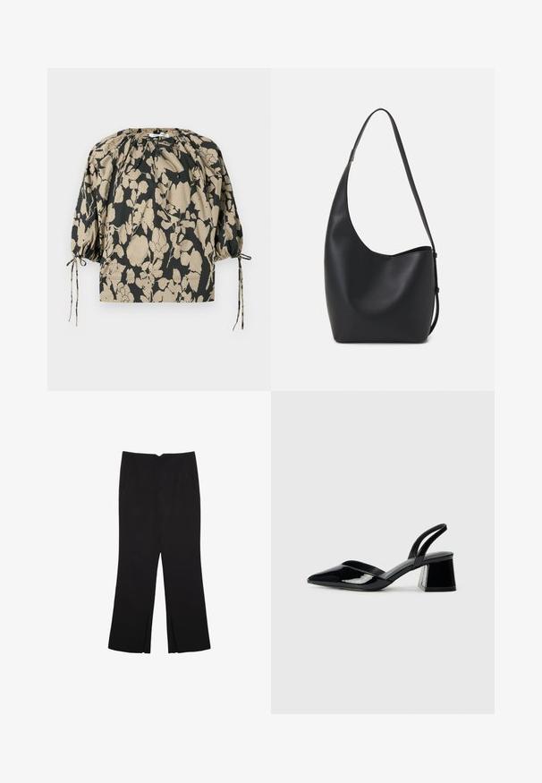 Blusa con stampa floreale in nero e beige, dotata di scollatura arricciata, maniche a sbuffo e dettagli con cordoncini per una vestibilità regolabile.; Pantaloni neri a gamba dritta, con tasche frontali e spacchi laterali all'orlo. Realizzati in tessuto morbido e liscio. Adatti a diverse occasioni.; Décolleté in vernice nera con punta affusolata e tacco in geometria cubica. Presentano un design elegante e minimalista, con una texture liscia.; Borsa hobo nera in pelle con una superficie liscia, forma curvata e una singola tracolla regolabile; presenta un'ampia apertura nella parte superiore.