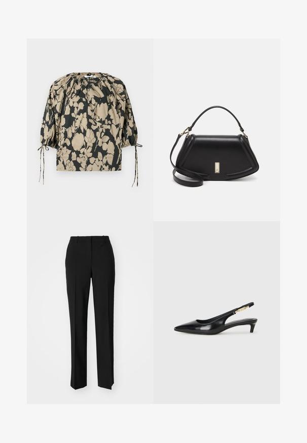 Bluse med blomstertrykk i svart og beige, med rynket halslinning, puffede ermer og snor for justerbar passform.; Sorte skreddersydde bukser med rett silhuett, med en glatt tekstur og klare pressede bretter foran. Ingen synlig maskinvare.; Sorte lærreim hæler med spiss tå, som har en slank hæl og en gullfarget detalj på den justerbare stroppen. Glatt tekstur.; Sort lærveske med en strukturert design, som har en avkortet form, topphåndtak og detaljer i gull. Justerbar skulderstropp inkludert.