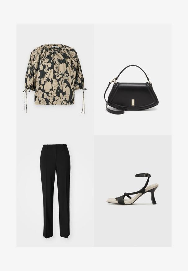 Bluse med blomstertrykk i svart og beige, med rynket halslinning, puffede ermer og snor for justerbar passform.; Sorte skreddersydde bukser med rett silhuett, med en glatt tekstur og klare pressede bretter foran. Ingen synlig maskinvare.; Sorte helårs sandaler med flettet stroppesdesign, firkantet tå og justerbar ankelrem. Lys beige fotseng med glanset svart hæl.; Sort lærveske med en strukturert design, som har en avkortet form, topphåndtak og detaljer i gull. Justerbar skulderstropp inkludert.