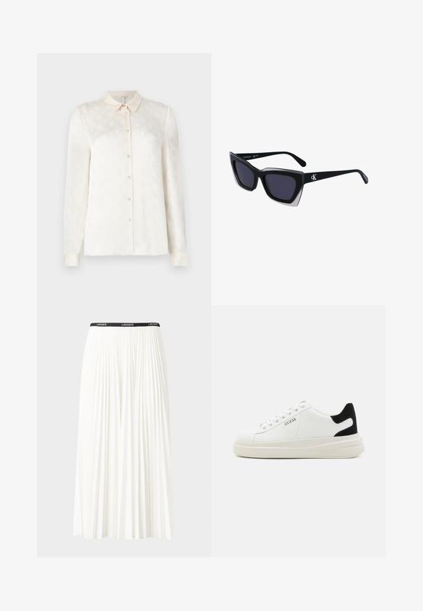 Vit långärmad skjorta med krage, knäppning framtill, tillverkad av ett slätt tyg med ett subtilt präglat mönster.; Fälld vit kjol med svart elastiskt midjeband som har "LACOSTE"-logotypen. Mittenlång design med mjuk textur.; Vita lädersneakers med en tjock vit sula, svartsuede hälaccent och präglad logotyp på sidan. Snörningsdesign med sex öglor.; Svart överdimensionerade solglasögon med geometrisk form, med mörka linser och en kontrasterande grå detalj på ramen. Logotyp på bygeln.