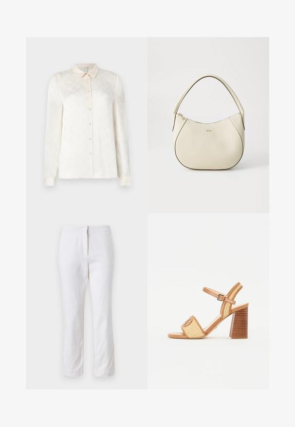 Biela košeľa s dlhým rukávom a golierom, s gombíkovou prednou časťou, vyrobená z hladkej tkaniny so subtilným embosovaným vzorom.; Biele bavlnené nohavice so striedmym strihom, s pásom strednej výšky a bez viditeľných kovových prvkov alebo vzorov. Hladká textúra po celom obvode.; Hnedé kožené a tkané slamenné sandále na podpätku, s pásikom okolo členka, otvorenou špičkou a robustným dreveným podpätkom so horizontálnymi pruhmi.; Krémová kabelka s textúrovaným povrchom, zakriveným tvarom, krátkym uchom a detailom loga v zlatom tóne. Zapínanie na zips na vrchu.