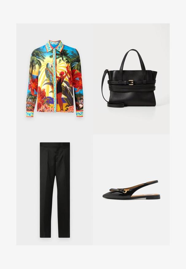 Hosszú ujjú, gombos ing sima anyagból; élénk trópusi mintákkal, kontrasztos gallérral és díszítő elemekkel a gombsoron.; Fekete nadrág sima anyaggal, testhezálló fazonnal, egyenes lábakkal és lapos derékkal, látható zárak vagy zsebek nélkül.; Fekete lakkbőr slingback lapos cipő, hegyes orral, finom masni díszítéssel és aranyszínű hardverrel a pánton.; Fekete bőr kézitáska strukturált dizájnnal, párhuzamos felső fogantyúkkal, levehető pánttal és arany csat díszítéssel egy vízszintes sávon.