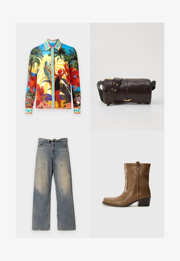 Košeľa s dlhým rukávom na gombíky z hladkej tkaniny; ponúka živé tropické vzory, kontrastný golier a dekoratívne akcenty pozdĺž gombíkovej légie.; Svetlo modré džínsy s voľným strihom a rovnými nohavicami. Obsahujú efekt opotrebovania, vyblednutie a poškodené detaily pri kolenách. Klasický strih s piatimi vreckami.; Hnedé kožené členkové topánky so štvorcovou špičkou, textúrovaným povrchom a nízkym vrstveným podpätkom. Obsahujú zadný úchyt a diskrétne prešívanie.; Hnedá taška z kože s embosovaným vzorom krokodíla, cylindrického tvaru, so zlatými hardvérovými doplnkami a odnímateľným popruhom so štítkami.