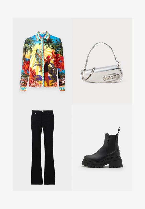 Langærmet skjorte med knapper i glat stof; har farverige tropiske tryk, kontrasterende krave og dekorative detaljer langs knaplisten.; Sorte bløde jeans lavet af denim, med to frontlommer, knaplukning og en glat tekstur. Signaturstikninger synlige ved sømmene.; Sorte chelsea støvler lavet af glat læder med elastiske sidepaneler, en tyk, rillede gummisål og en pull-tab bagpå.; Sølv metallic håndtaske med en afrundet trekantet form, der har et logo, kædetræk og glat tekstur. Lynlås lukning på siden.