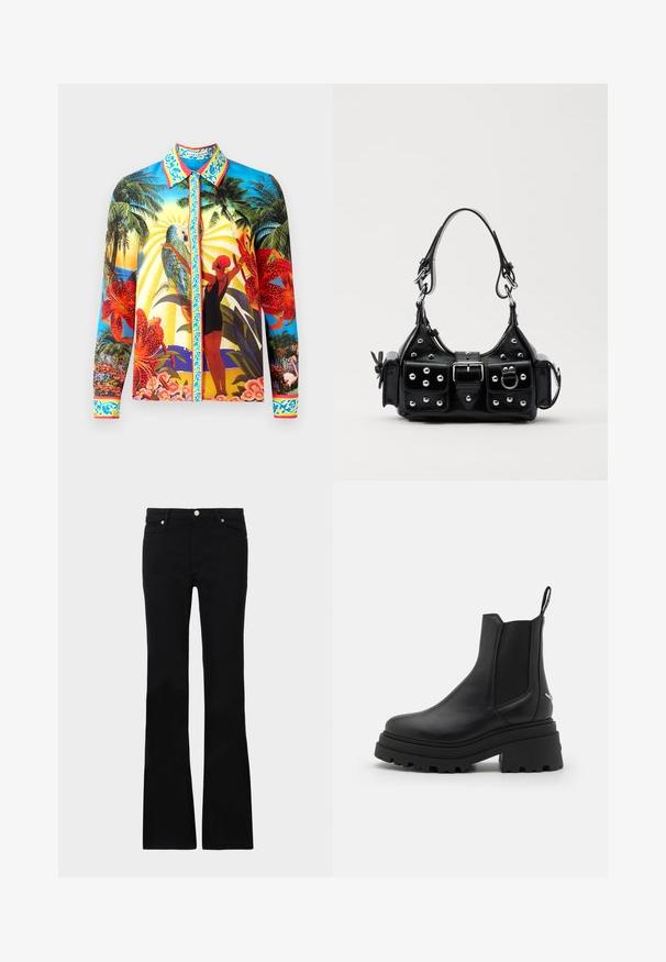 Langarm overhemd met knoopsluiting in een gladde stof; bevat levendige tropische prints, een contrasterende kraag en decoratieve accenten langs de knoopsluiting.; Zwarte flared jeans van denim, met twee voorzakken, een knoopsluiting en een gladde textuur. Kenmerkende stiksels zichtbaar bij de naden.; Zwarte chelsea laarzen van glad leer met elastische zijpanelen, een dikke, geribbelde rubberen zool en een aantrekbandje aan de achterkant.; Zwarte lederen handtas met een gebogen ontwerp, voorzien van zilveren studs, een gesp en twee zijvakken. Verstelbare schouderband voor verschillende draagmogelijkheden.